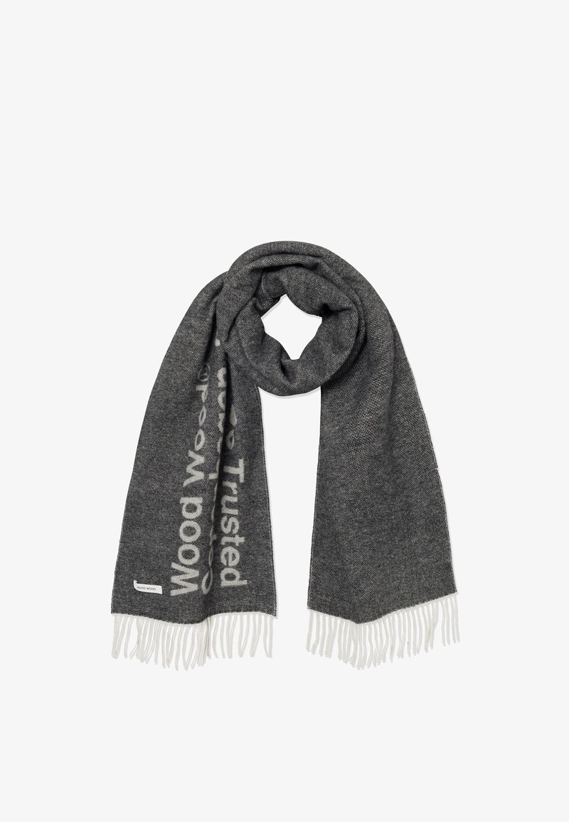 Hall tekstuuriga hall villane sall, millel on valged äärised ja trükitud teksti disain. Rektaangulise kujuga ja siledapinnaline.