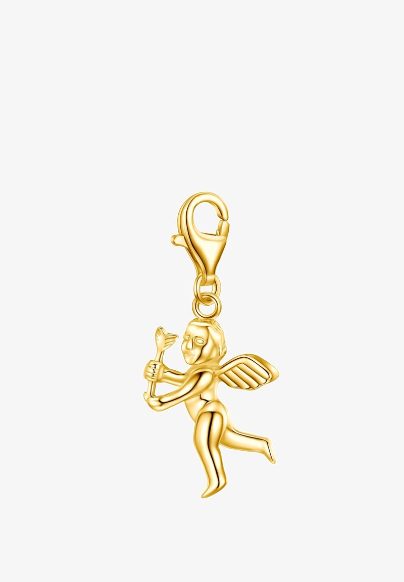 Arany angyal charm szárnyakkal, íjjal és nyíllal a kezében. Lobster csattal a rögzítéshez. Simára polírozott felület és fényes befejezés.