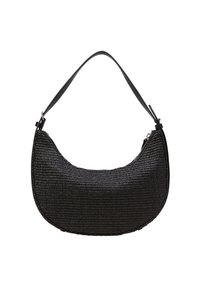Borsa a mano nera intrecciata con una forma curva e una tracolla in pelle liscia. Presenta una chiusura con zip lungo la parte superiore. Dettagli di superficie testurizzata.