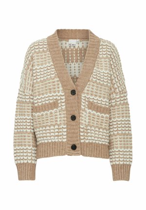 Cardigan lavorato a maglia in beige e crema con motivi testurizzati, collo a V, maniche lunghe, due tasche frontali e bottoni neri.