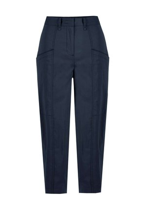 Pantaloni blu navy con un design affusolato, dotati di tasche anteriori, cuciture visibili e un tessuto liscio e texturizzato.