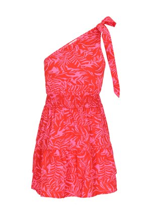 Jednoduché mini šaty na jedno rameno v jasně červené barvě s růžovými listovými vzory. Mají nařasený pas a detaily s vázáním na rameni.
