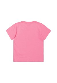 Camiseta de algodón rosa con mangas cortas. Diseño de cuello redondo simple, textura suave, sin patrones ni logotipos visibles. Vista trasera únicamente.