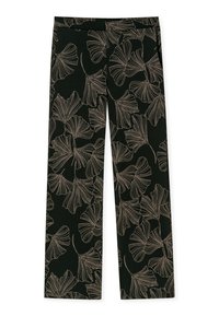 Black pants featuring a ginkgo leaf pattern in beige. Made from soft fabric with a straight leg design and an elastic waistband.