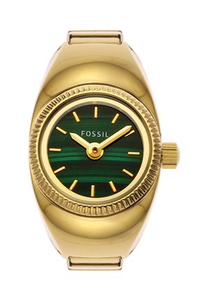 Fossil Armbanduhr in Goldton mit grünem Zifferblatt, goldenen Stundenmarkierungen und Zeigern sowie einer geriffelten Lünette.