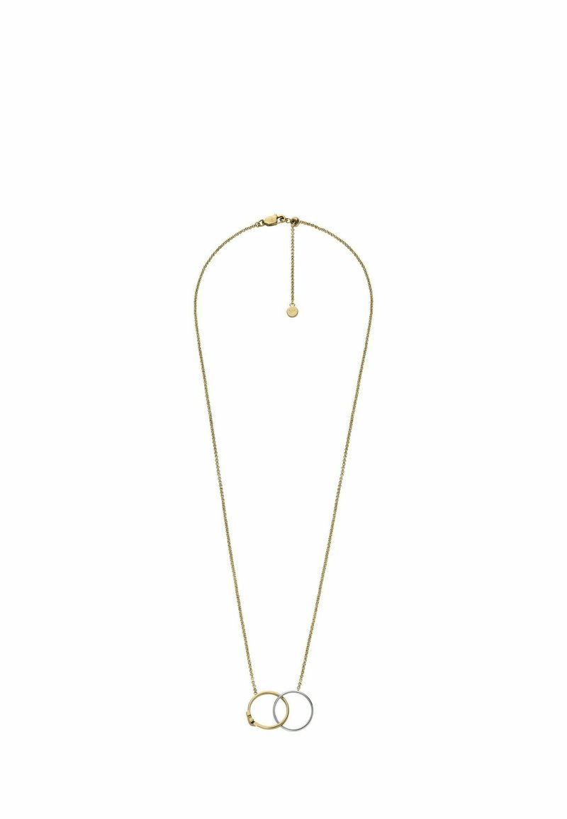 Goudkleurige ketting met een ontwerp van twee in elkaar grijpende ringen, één goud en één zilver, met een sluiting en een verlengkettinkje voor verstelbare lengte.