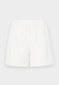 Hvite bomullsshorts med elastisk midjebånd, med broderte perforerte mønstre og en avslappet passform. Glatt tekstur, knelengde.