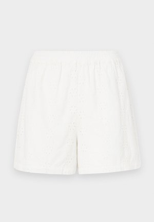 Shorts en coton blancs avec une taille élastique, présentant des motifs de broderie œillets et une coupe décontractée. Texture lisse, conception à longueur de genou.