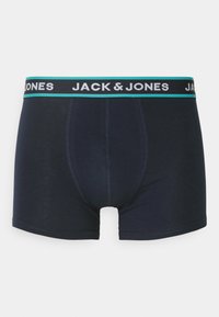 Marineblaue Boxer-Shorts aus weichem Stoff. Mit einem schwarzen und türkisfarbenen elastischen Bund mit dem Logo "JACK & JONES". Glatte Textur und taillierte Passform.