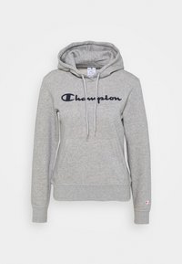 Ljusgrå Champion-hoodie med marinblå logotext, justerbar dragsko på huvan, framficka i känguru-stil samt ribbade ärmslut och nederkant.