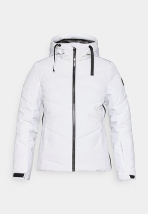 Bílá prošívaná bunda s předním zipem, kapucí a černými detaily, která se vyznačuje geometrickým prošíváním a nastavitelnými šňůrkami.