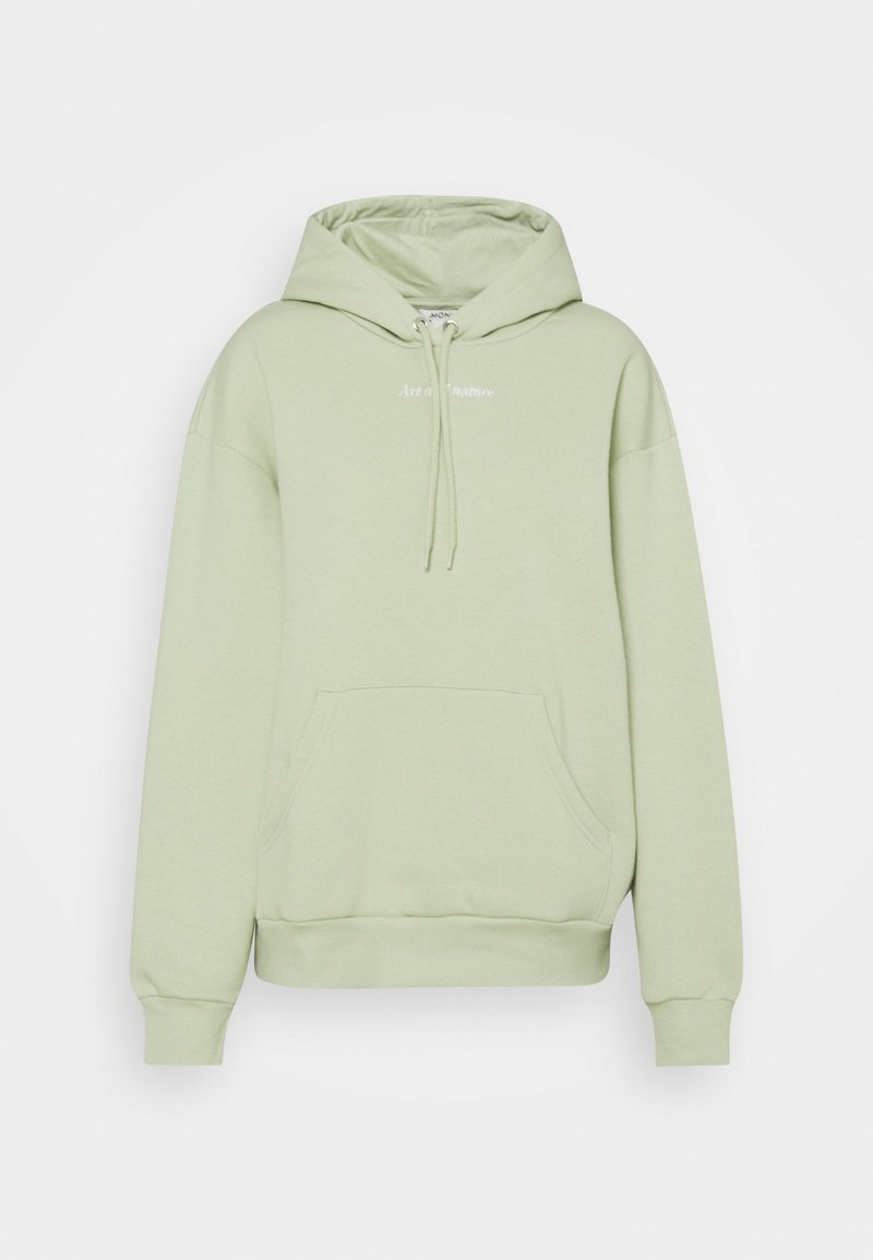 Světle zelená mikina s kapucí z měkké látky, vybavená klokankovou kapsou, stahovací šňůrkou na kapuci a vyšívaným nápisem "Art of Nature".