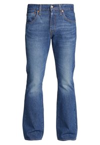 Blå denimjeans med rak passform, med blekta områden, femfickorsdesign och metallbeslag vid midjan och fickorna.