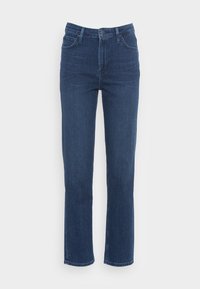 Jeans de denim azul oscuro con un diseño de pierna recta, cinco bolsillos y un cierre de botón en la cinturilla. Acentos cosidos en las costuras.