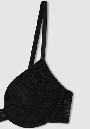 Reggiseno in pizzo nero con spalline regolabili, coppe sagomate e dettagli a motivo floreale. Texture morbida e forma arrotondata per il supporto.