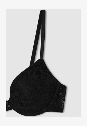 Reggiseno in pizzo nero con spalline regolabili, coppe sagomate e dettagli a motivo floreale. Texture morbida e forma arrotondata per il supporto.