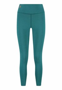 Leggings taille haute couleur sarcelle fabriqués en tissu extensible. Présentent une texture lisse et un logo subtil près de la taille. Pas de coutures visibles.