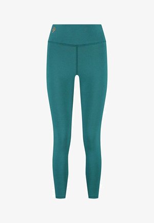 Teal, high-waisted leggings made from stretchy fabric. Features a smooth texture and subtle logo near the waistband. No visible seams.