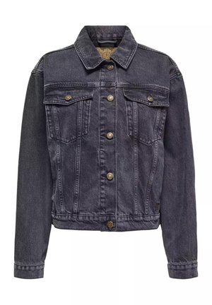 Giacca in denim nero con chiusura frontale a bottoni, due tasche pettorali con patta e bottoni, maniche lunghe e collo classico.