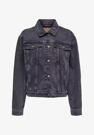 Čierna rifľová bunda so zapínaním na gombíky vpredu, dvoma náprsníkmi s tkanými klapkami a gombíkmi, dlhými rukávmi a klasickým golierom.