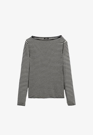 Maglietta a maniche lunghe a righe bianche e nere, con un ampio scollo e una texture morbida. Il motivo è uniforme su tutto il tessuto.