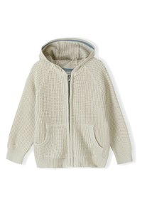 Pletená mikina na zips v off-white farbe, so štruktúrovaným vzorom, dvoma prednými vreckami a podšívkou kapucne s modrým akcentom.
