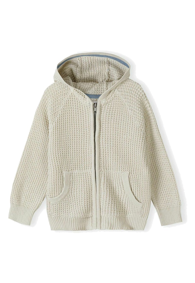 Pletená mikina na zips v off-white farbe, so štruktúrovaným vzorom, dvoma prednými vreckami a podšívkou kapucne s modrým akcentom.