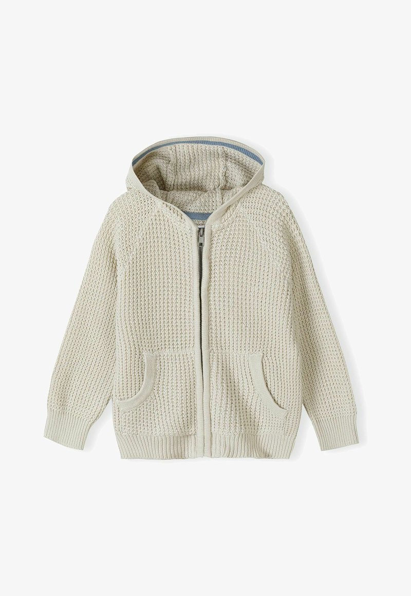 Aukštos kokybės, džinsinė užtrauktuku užsegama džemperis, spalvos off-white, su tekstūruotu raštu, dviem priekinėmis kišenėmis ir pamušta kapuze su mėlynu akcentu.