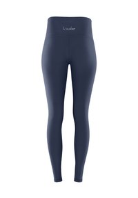 Navyblaue Leggings mit hoher Taille, aus dehnbarem Material gefertigt, mit glatter Textur und einem kleinen Logo am Bund.