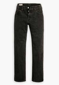 Vaqueros de mezclilla negros de pierna recta con cierre de botones, cinco bolsillos y etiqueta visible de Levi's Premium en la cintura.