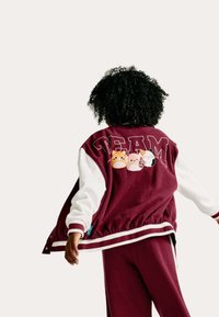 Bordový varsity svetr s bílými rukávy, s potiskem "TEAM" a vyšitými kresbami zvířat na zádech. Hladké manžety a lem.