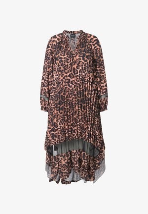 Langärmliges plissiertes Kleid mit braunem und schwarzem Leopardenmuster, asymmetrischem Saum und Keyhole-Ausschnitt mit Bindeband.
