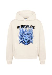 Felpa con cappuccio color crema caratterizzata da un grande design grafico blu con fiamme e un volto, scritte nere sopra. Include una tasca frontale e un cappuccio regolabile con cordino.