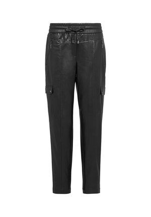 Black leather pants with a drawstring elastic waist, two zippered front pockets, and cargo-style side pockets; tapered leg design.