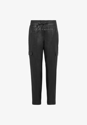 Black leather pants with a drawstring elastic waist, two zippered front pockets, and cargo-style side pockets; tapered leg design.