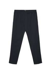 Pantaloni neri slim fit realizzati in tessuto leggero con vita elasticizzata e pieghe laterali, caratterizzati da una texture liscia e gambe dritte.