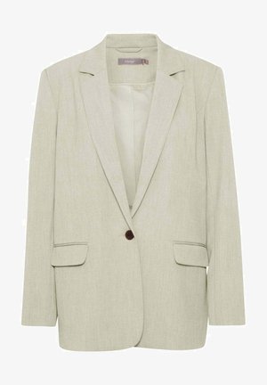 Šviesiai smėlinis švarkas, pagamintas iš tekstūruoto audinio, su išpjovimu prie apykaklės, vienu mygtuko uždarymu ir dviem priekinėmis kišenėmis.