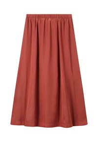 Jupe midi couleur rouille, confectionnée dans un tissu lisse, dotée d'une taille élastique et d'un design fluide avec des plis et un ourlet soigné.