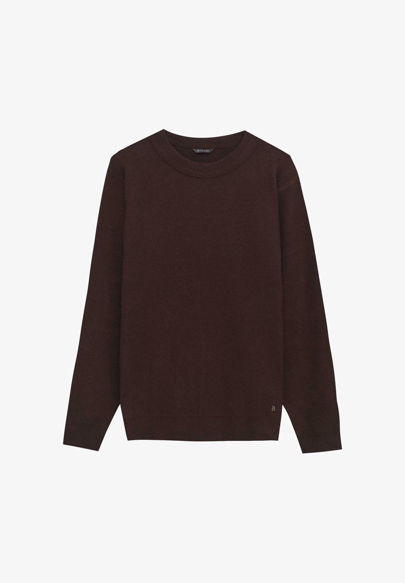 Brązowy sweter z długim rękawem wykonany z miękkiego materiału. Posiada prążkowany okrągły dekolt i mankiety. Zaznaczony małym logo na dolnym brzegu.