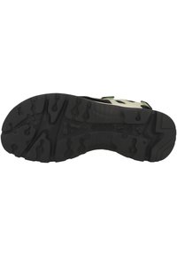 Semelle extérieure en caoutchouc noir avec des motifs de relief et des contours pour une adhérence optimale. Présente une tige beige et verte avec des sangles réglables.