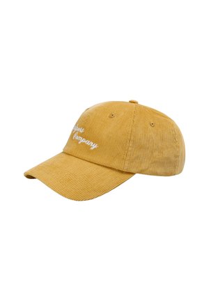 Gorra de pana amarilla con una corona redondeada y un visor curvado. Presenta el texto bordado "Compañía" en la parte frontal. Diseño de seis paneles.