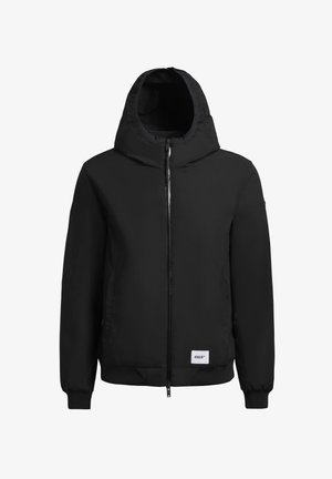 Zwarte hoodiejack met een gladde textuur, ritssluiting aan de voorkant en geribde manchetten en zoom. Heeft een wit logo-label nabij de onderkant.