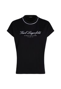 Črna kratka majica s kratkimi rokavi in krožnim izrezom, ki na sprednji strani prikazuje belo vezeno besedilo "Karl Lagerfeld 21 RUE ST-GUILLAUME PARIS".
