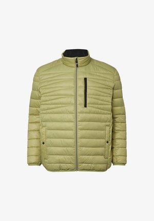 Hellgrüne Steppjacke mit horizontaler Steppung, hohem Kragen, vorderem Reißverschluss, schwarzer Reißverschlusstasche und seitlichen Taschen mit Druckknopfverschluss.