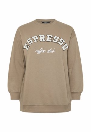 Taupe oversized sweatshirt med "ESPRESSO" i store hvide bogstaver og "coffee club" i mindre skrift på forsiden.