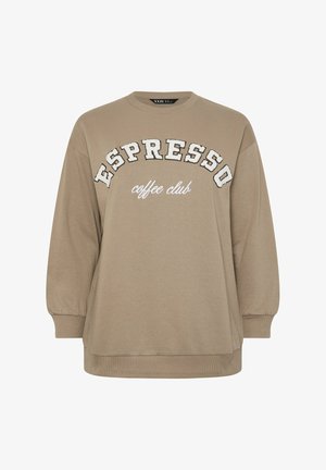 Taupe oversized sweatshirt med "ESPRESSO" i store hvide bogstaver og "coffee club" i mindre skrift på forsiden.