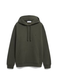 Felpa verde oliva realizzata in morbido tessuto, con tasca a canguro, cappuccio con cordino e logo ricamato discreto sul petto.