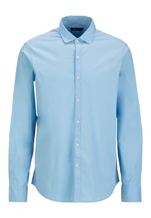 Lichtblauw overhemd met lange mouwen van katoen, knoopsluiting aan de voorkant, kraag en een klein geborduurd logo op de borst. Soepele textuur, normale pasvorm.