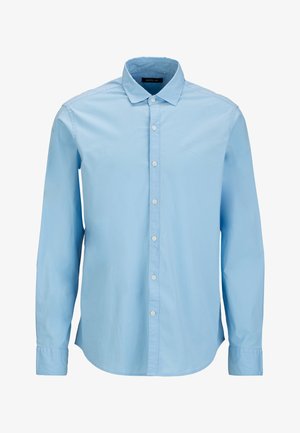 Helles blaues Langarmhemd aus Baumwollstoff, mit Knopfleiste vorne, Kragen und einem kleinen gestickten Logo auf der Brust. Glatte Textur, reguläre Passform.
