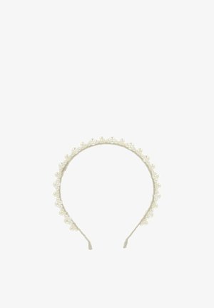 Fascia con perle accentate, con una base in tessuto grigio chiaro e liscio. Presenta piccole perle finte uniformemente distribuite lungo il bordo per un tocco di texture.